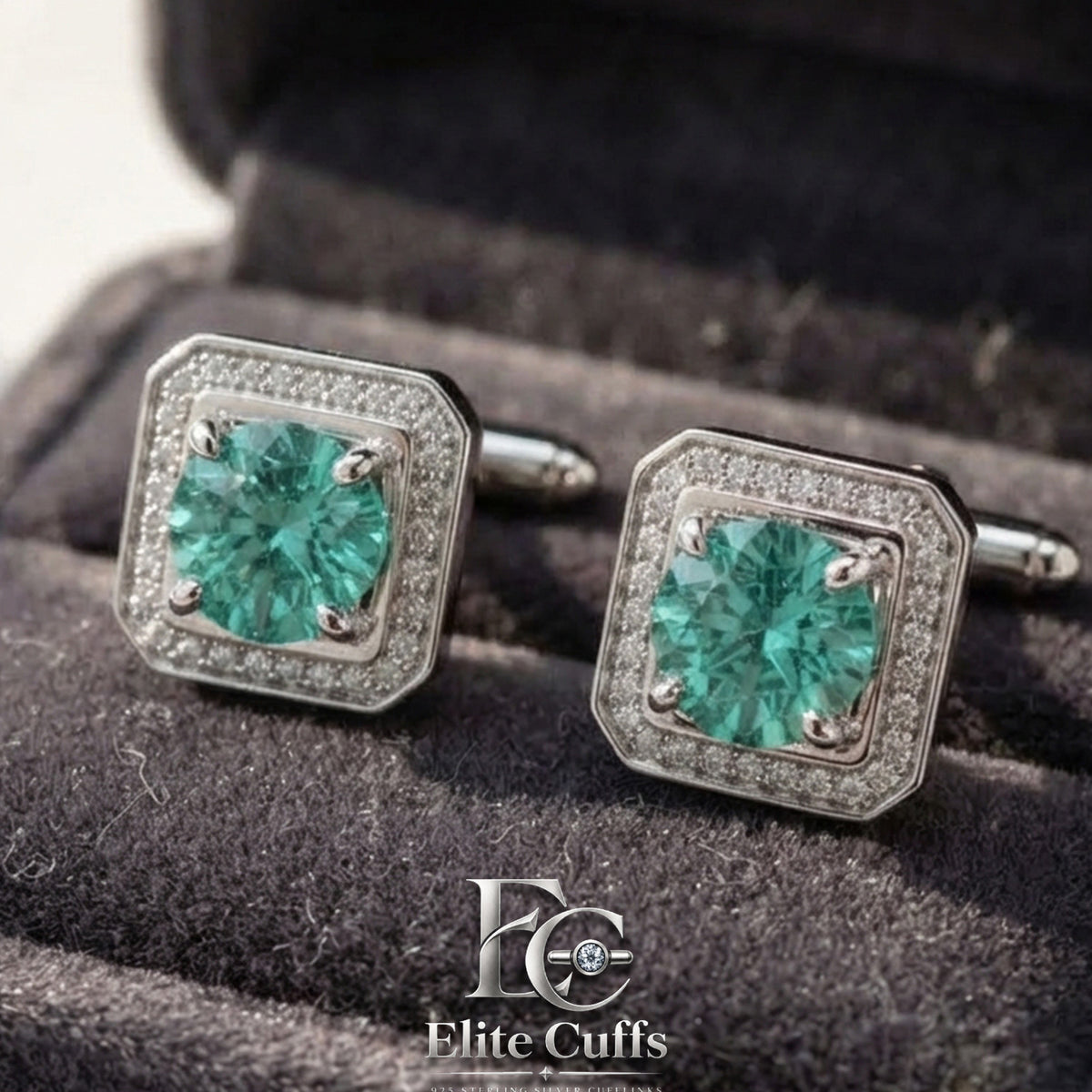 Simple & Green Moissanite Square With Cut Corner Shape 925 Sterling Silver Cufflinks