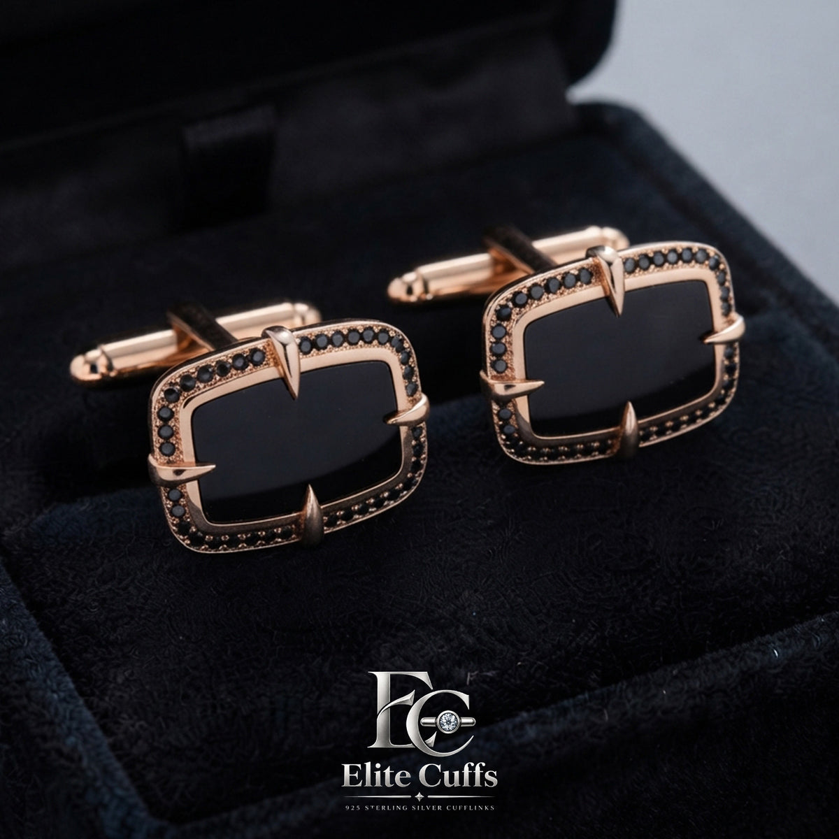 Black Onyx Rectangle 925 Sterling Silver Cufflinks with Prongs