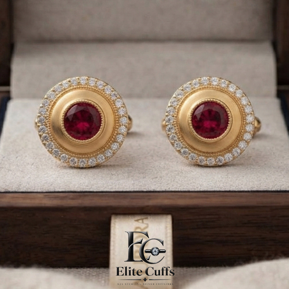 Ruby with Halo Moissanite Circle Cut 925 Sterling Silver Gold Plated Cufflinks