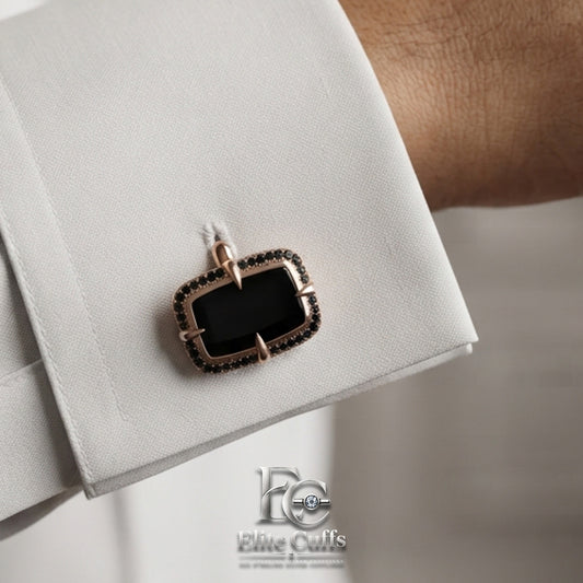Black Onyx Rectangle 925 Sterling Silver Cufflinks with Prongs