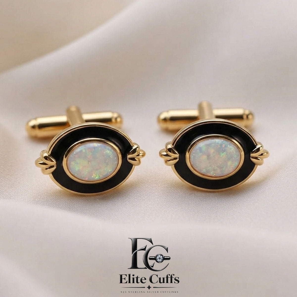 White Opal & Black Enamel Oval Cut with Prongs 925 Sterling Silver Gold Plated Cufflinks