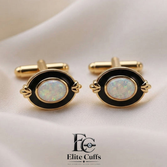 White Opal & Black Enamel Oval Cut with Prongs 925 Sterling Silver Gold Plated Cufflinks