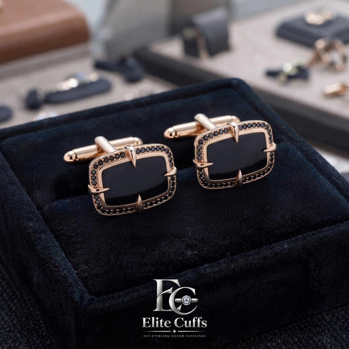 Black Onyx Rectangle 925 Sterling Silver Cufflinks with Prongs