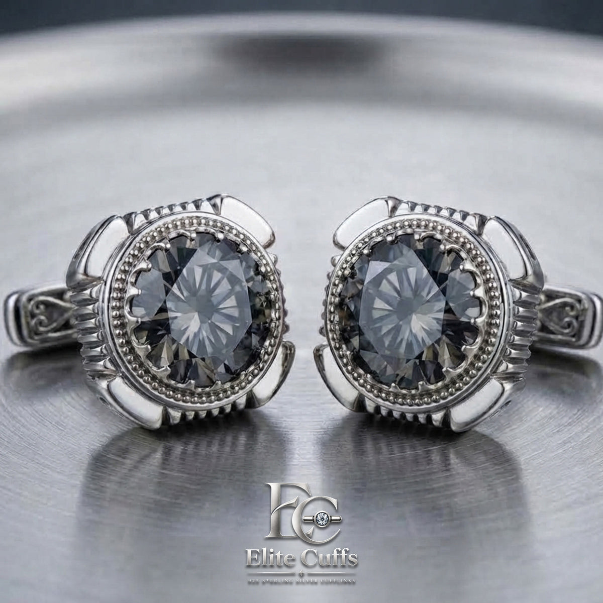 Dark Grey or Smokey Moissanite Cut-Corner Square Cut 925 Sterling Silver Cufflinks