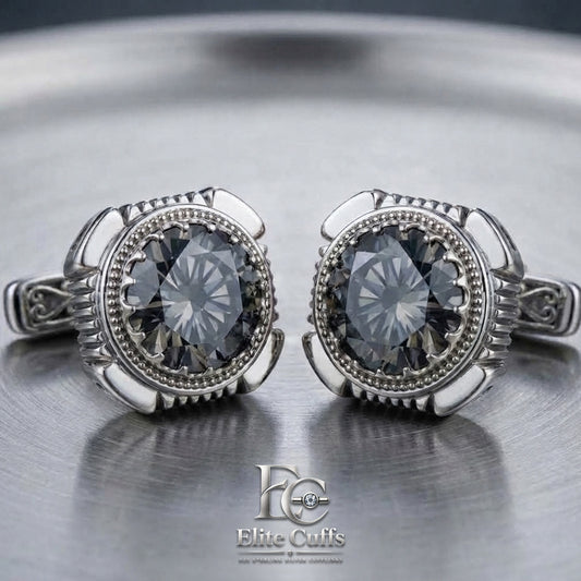 Dark Grey or Smokey Moissanite Cut-Corner Square Cut 925 Sterling Silver Cufflinks