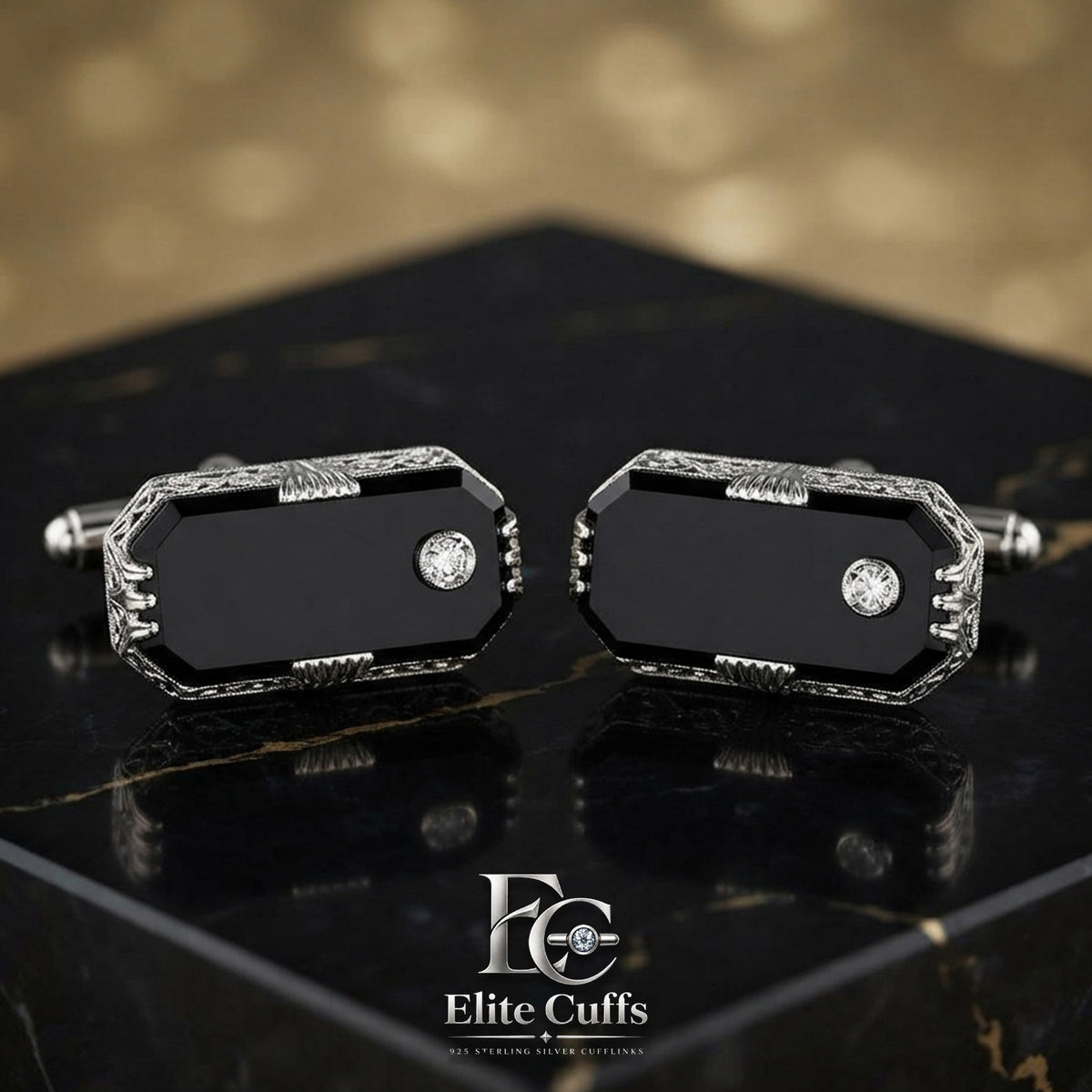 Black Onyx & Moissanite Rounded Corner Rectangle Cut 925 Sterling Silver Cufflinks