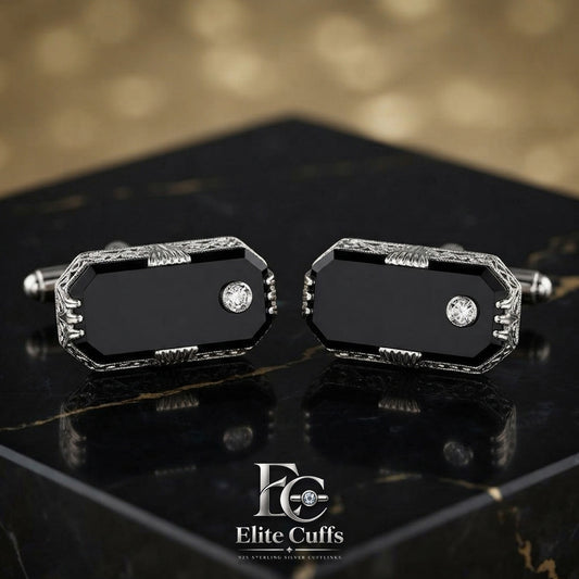 Black Onyx & Moissanite Rounded Corner Rectangle Cut 925 Sterling Silver Cufflinks