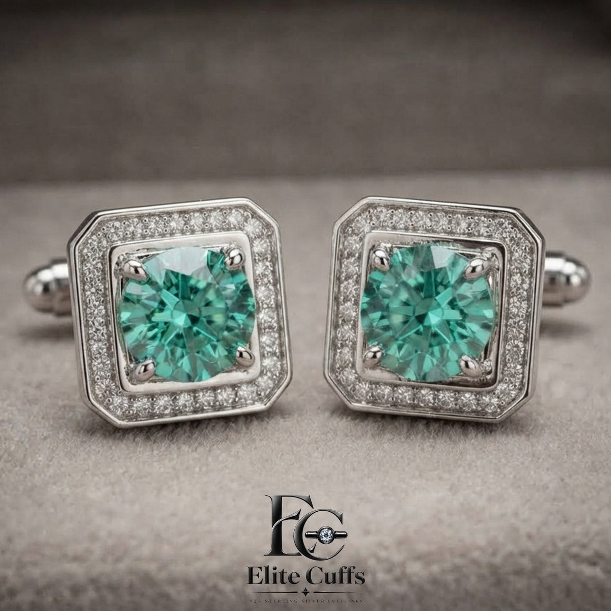 Simple & Green Moissanite Square With Cut Corner Shape 925 Sterling Silver Cufflinks