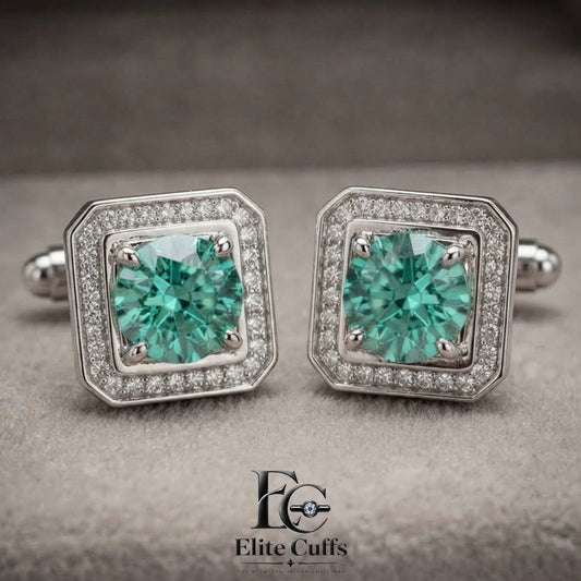 Simple & Green Moissanite Square With Cut Corner Shape 925 Sterling Silver Cufflinks