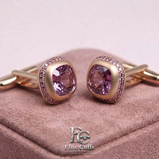 Pink Sapphire Pavé Halo Rounded Square Cut 925 Sterling Silver Cufflinks
