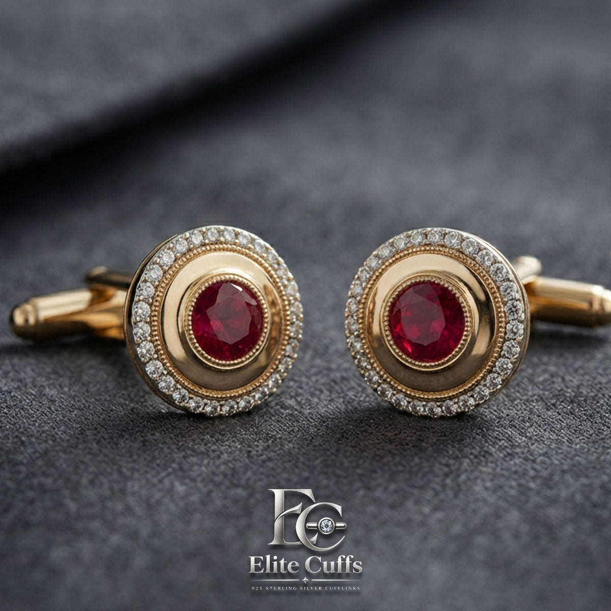 Ruby with Halo Moissanite Circle Cut 925 Sterling Silver Gold Plated Cufflinks