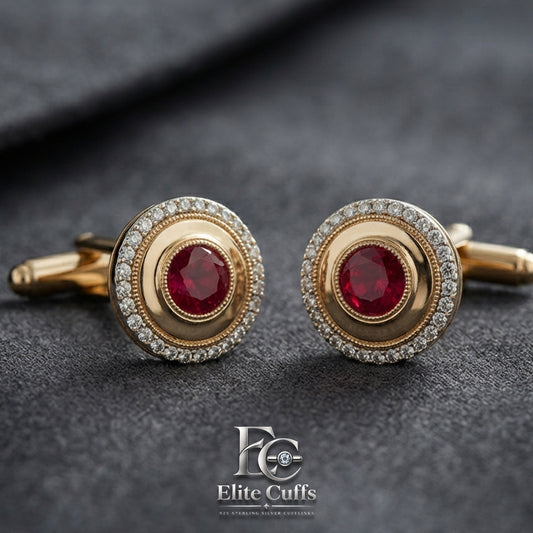Ruby with Halo Moissanite Circle Cut 925 Sterling Silver Gold Plated Cufflinks