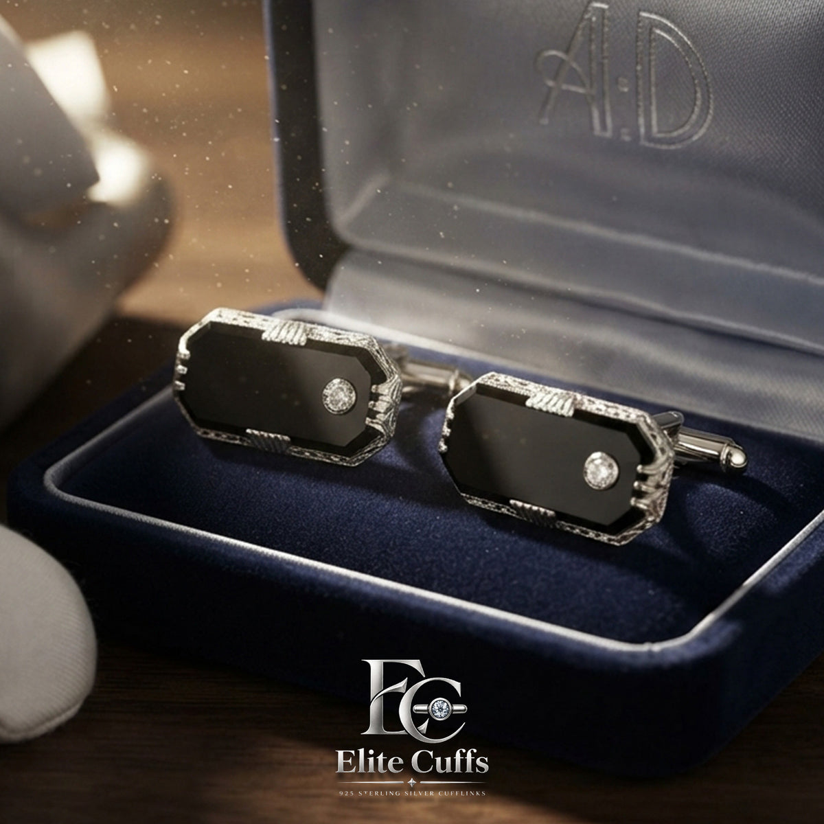 Black Onyx & Moissanite Rounded Corner Rectangle Cut 925 Sterling Silver Cufflinks