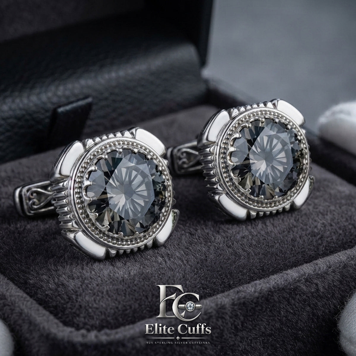 Dark Grey or Smokey Moissanite Cut-Corner Square Cut 925 Sterling Silver Cufflinks