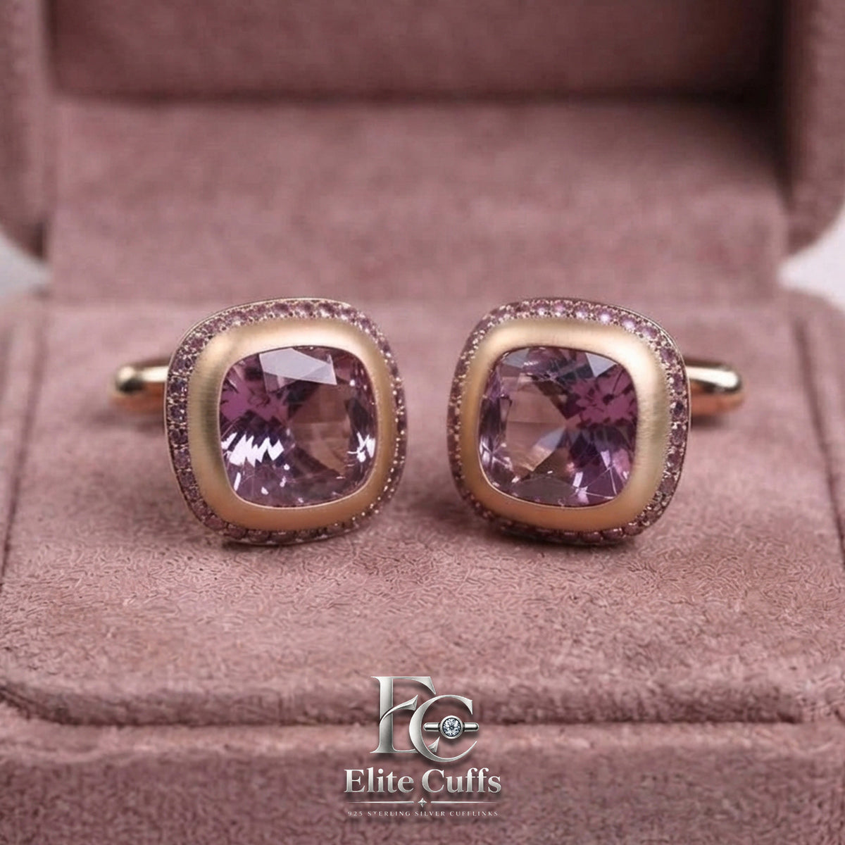 Pink Sapphire Pavé Halo Rounded Square Cut 925 Sterling Silver Cufflinks