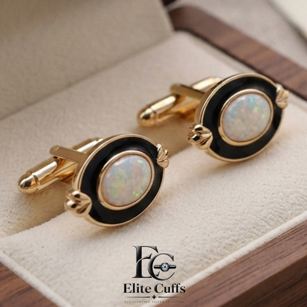 White Opal & Black Enamel Oval Cut with Prongs 925 Sterling Silver Gold Plated Cufflinks