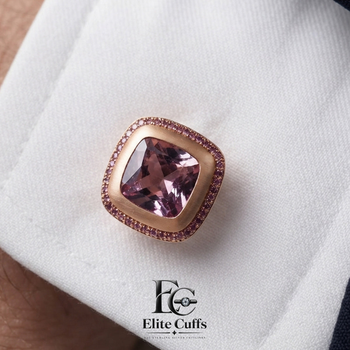 Pink Sapphire Pavé Halo Rounded Square Cut 925 Sterling Silver Cufflinks