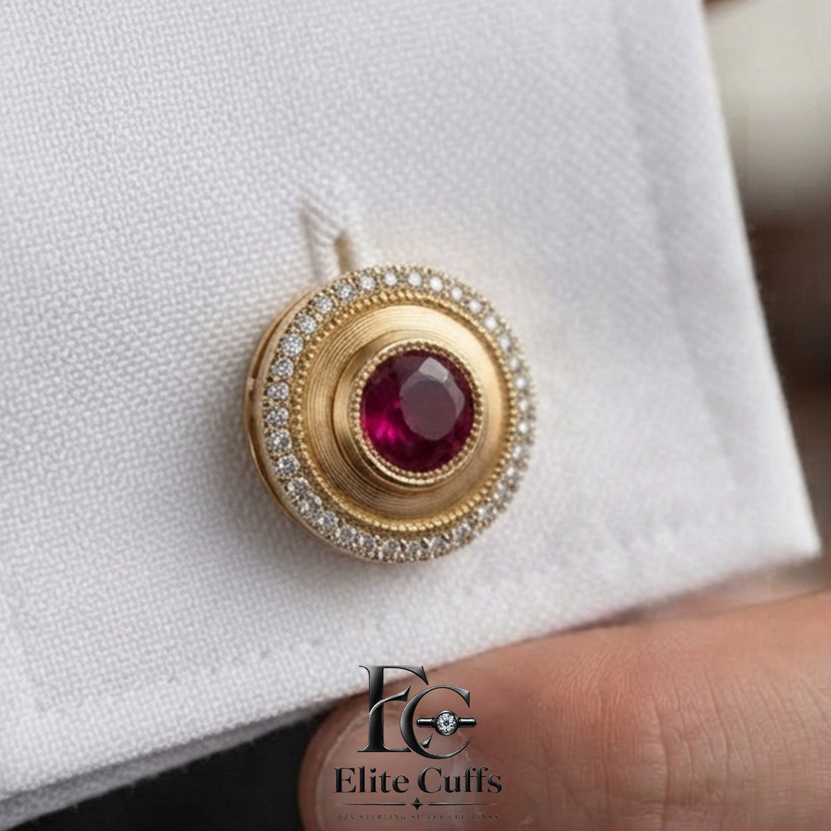 Ruby with Halo Moissanite Circle Cut 925 Sterling Silver Gold Plated Cufflinks