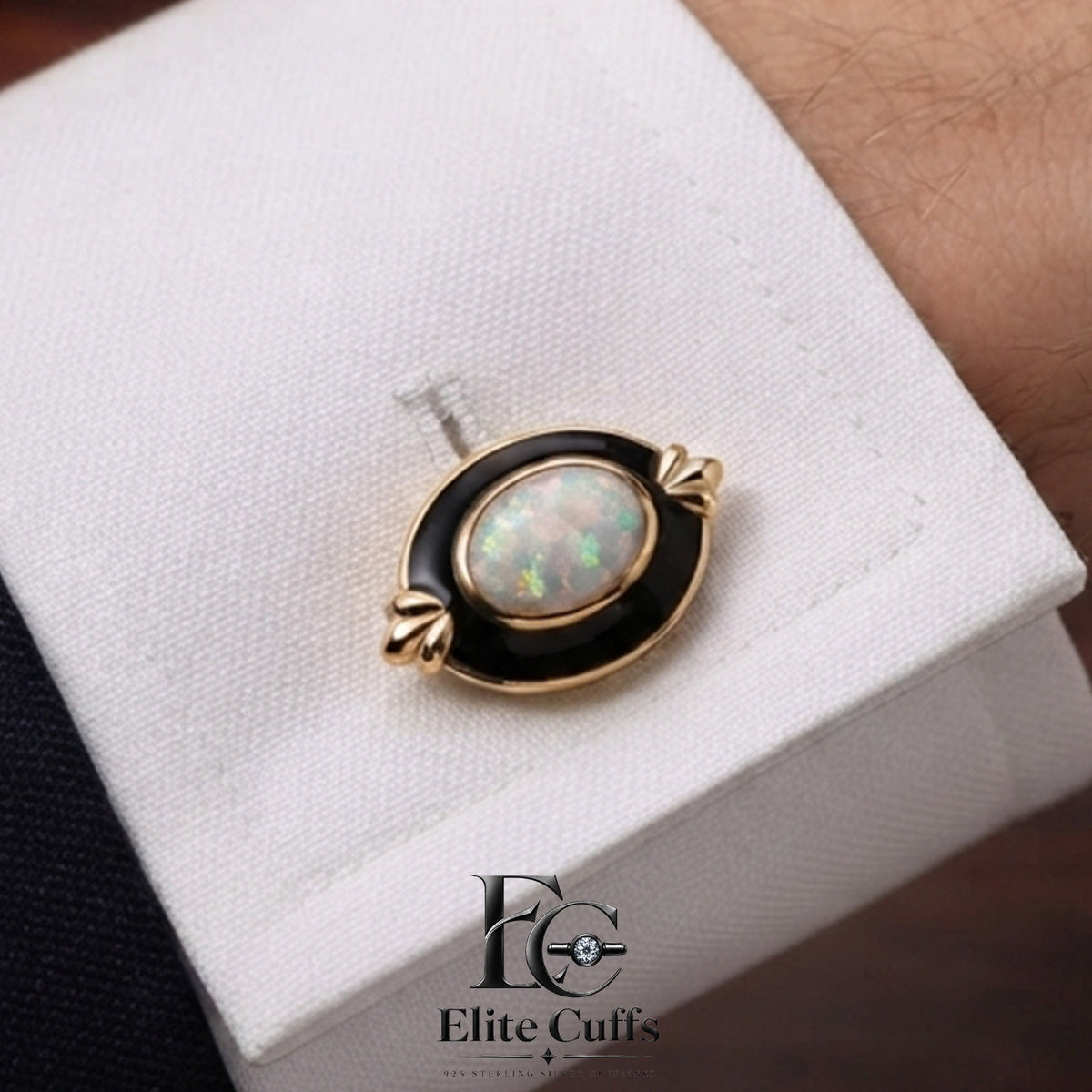White Opal & Black Enamel Oval Cut with Prongs 925 Sterling Silver Gold Plated Cufflinks