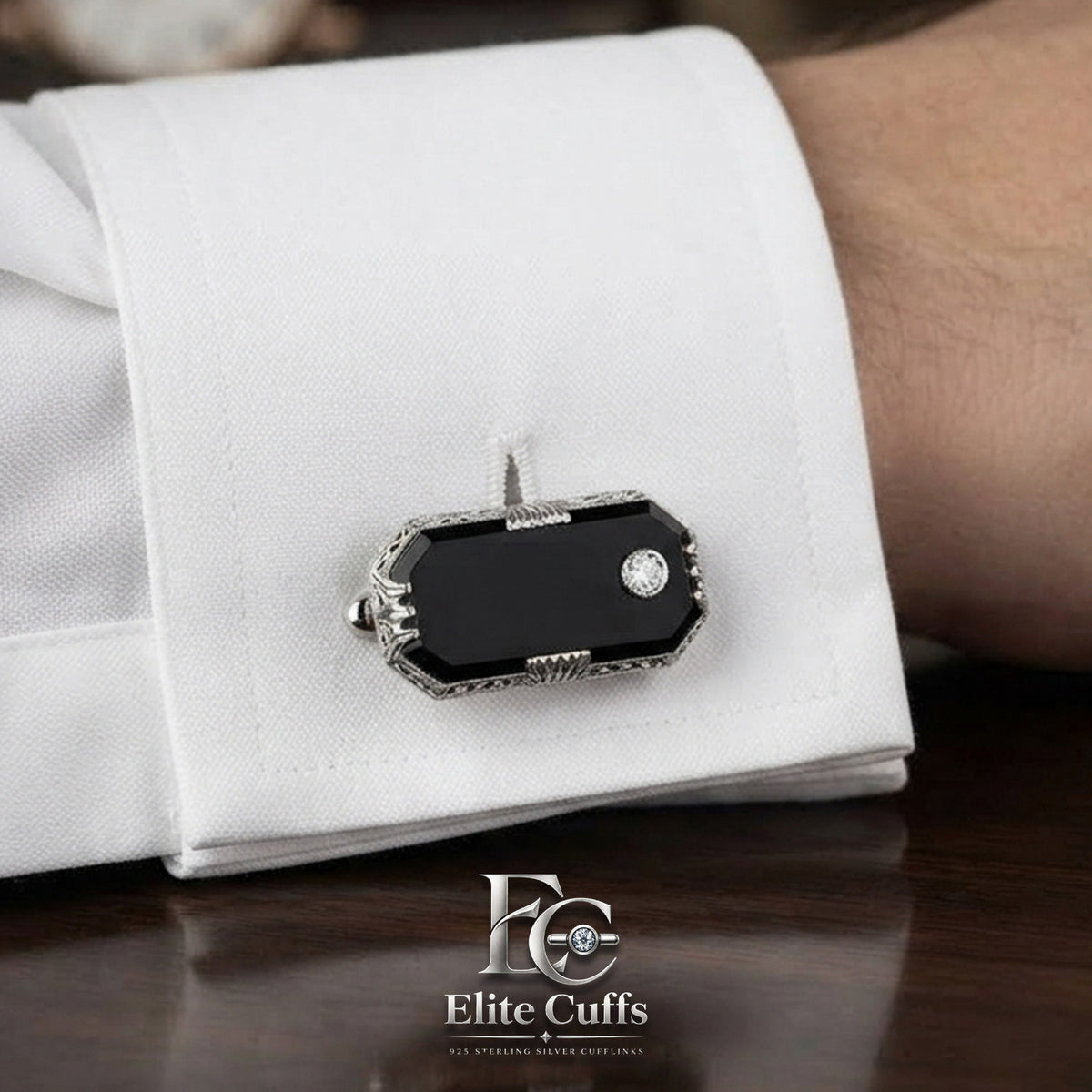Black Onyx & Moissanite Rounded Corner Rectangle Cut 925 Sterling Silver Cufflinks