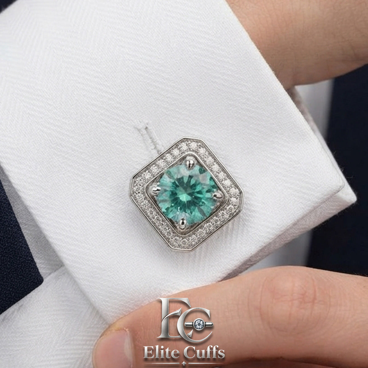 Simple & Green Moissanite Square With Cut Corner Shape 925 Sterling Silver Cufflinks