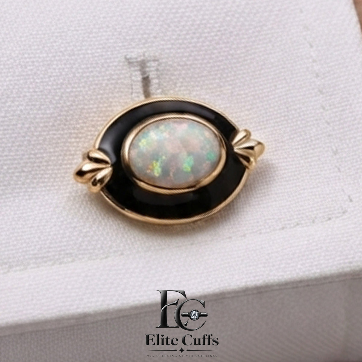 White Opal & Black Enamel Oval Cut with Prongs 925 Sterling Silver Gold Plated Cufflinks