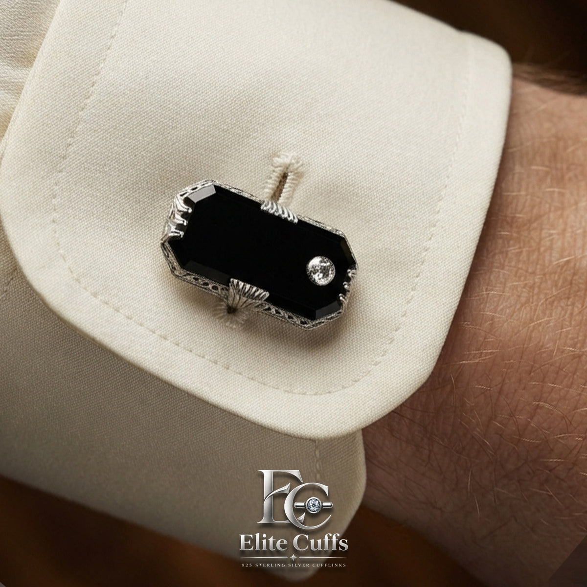 Black Onyx & Moissanite Rounded Corner Rectangle Cut 925 Sterling Silver Cufflinks