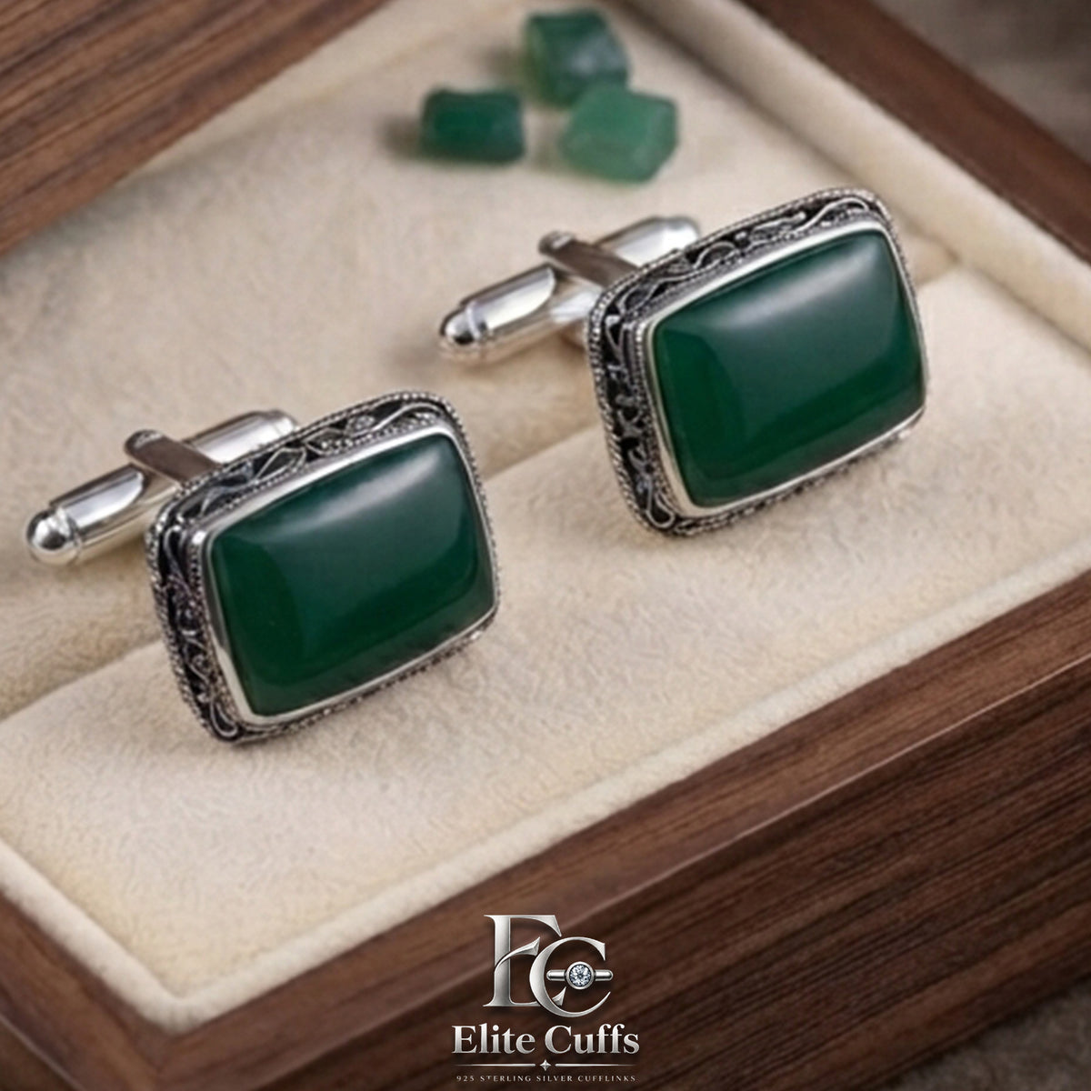 green-agate-silver-cufflinks
